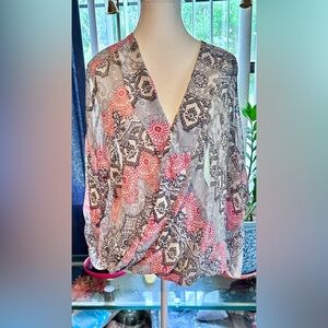 Semi Sheer Red & Black Patterned Wrap Front Blouse with Roll Up Sleeves, XL
